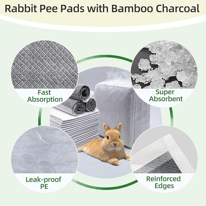 kathson 100Pcs Rabbit Pee Pads, 18" x13" Disposable Rabbit Diapers, Odor Control Pet Toilet Training Pads, Super Absorbent Charcoal Pet Disposable Diaper for Bunny, Hedgehogs, Hamsters, Chinchillas