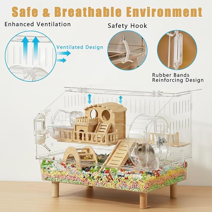 Clear Acrylic Hamster Cage - Easy to Clean All-in-One Habitat for Dwarf Hamsters, Mice and Gerbils, Includes 18cm Silent Wheel & Full Accessories, 18.5" x 11.8" x 14.6"