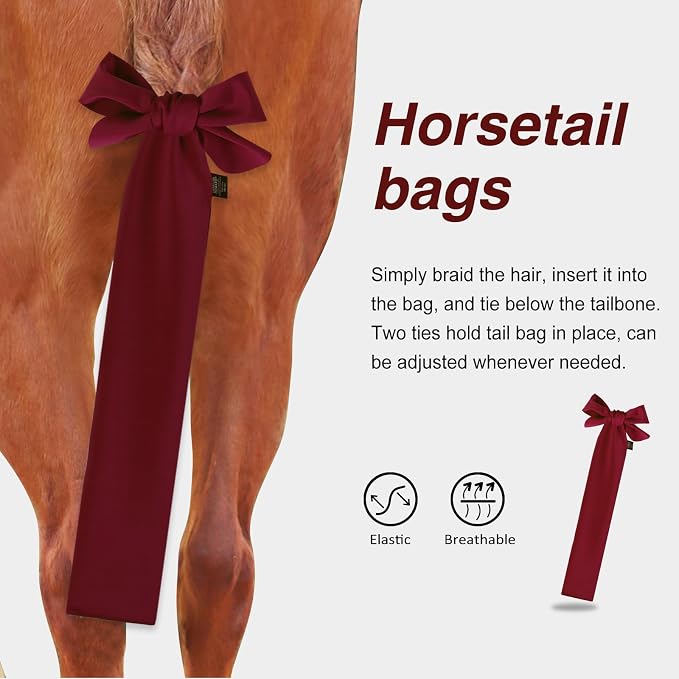 Harrison Howard Stretchy Tail Bag Breathable Horse Tail Guard Slip on Design Protect Horse Tail 2 Strand Closure Straps Keep Tail Clean & Protected 22" L Length Makes Grooming Easy-Burgundy