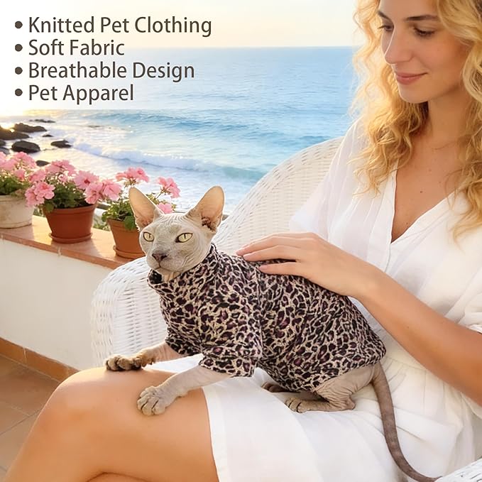 Sphynx Cat Sweater Hairless Cat Clothes Sweater Shirt Soft Warm Long Sleeves Pullover Pet Clothes Pajamas Dog Cloth for Small Dogs Jumpsuit Pet Sweaters (Purple Leopard, XX-Large)