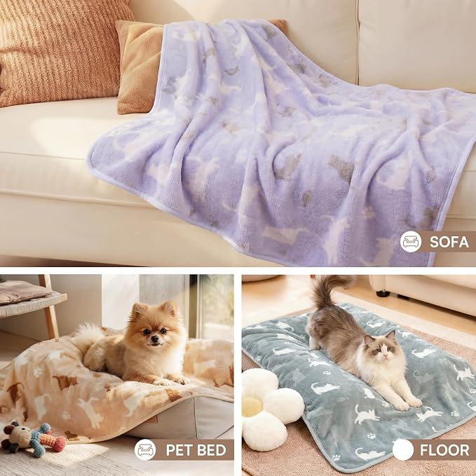 Luciphia 3 Pack Cat Blankets, Soft Fluffy Fleece Blanket with Cute Cat Print, Cozy Small Pet Throw Blanket for Cat Bed Carrier Couch Travel, Machine Washable, Purple/Grey/Khaki,23x16