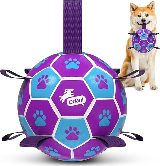 QDAN Dog Ropes Toys Soccer Ball with Straps, Puppy Birthday Gifts, Tug of Toy, Water Toy, Durable Balls for Dogs, Medium Small Breed, 6 Inch