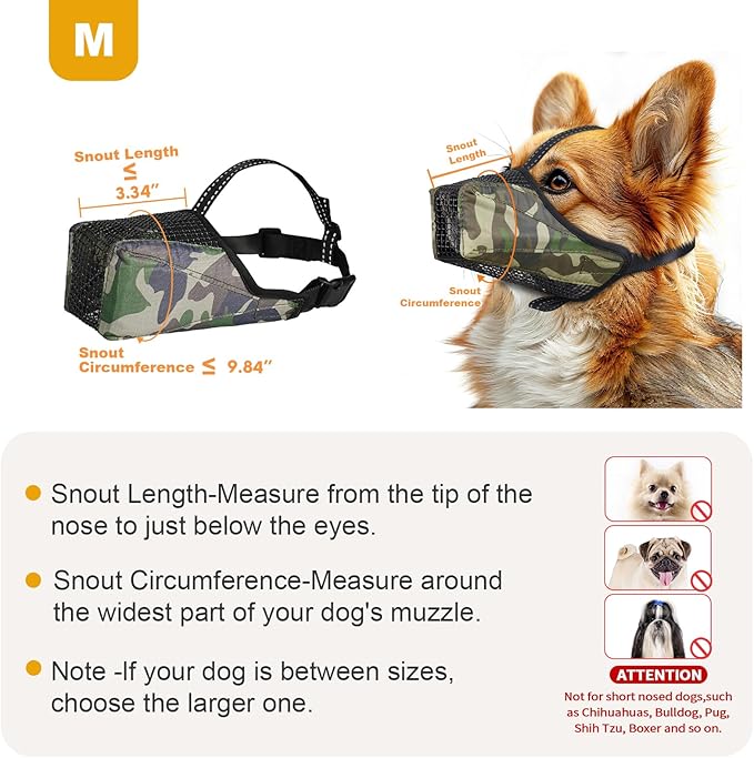 Mesh Dog Muzzle, Breathable Soft Dog Muzzle with Reflective Straps for Secure Fit, Prevents Biting, Chewing Scavenging- Adjustable for Small Medium Large Dogs,Camo,M
