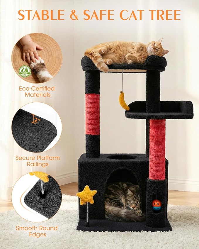 30In Cute Cat Tower for Indoor Cats with Cat Condo, Plush Platform, Hammock, Sisal Scratching Posts, Dangling Ball, Tall Cat Tree Tower with Self-Grooming Brush (Jet Black)