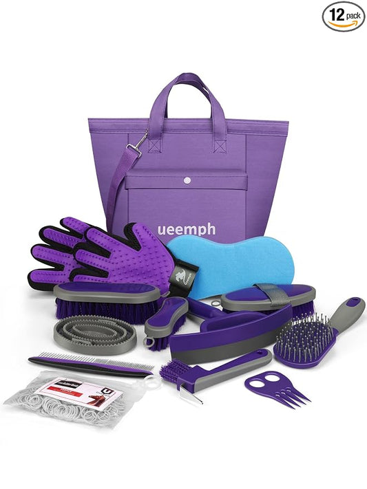 Horse Grooming Kit (12-Piece): Brushes, Storage Bag, Sweat Scraper, Mane Comb, Grooming Gloves - Purple Horse Gifts for Girls