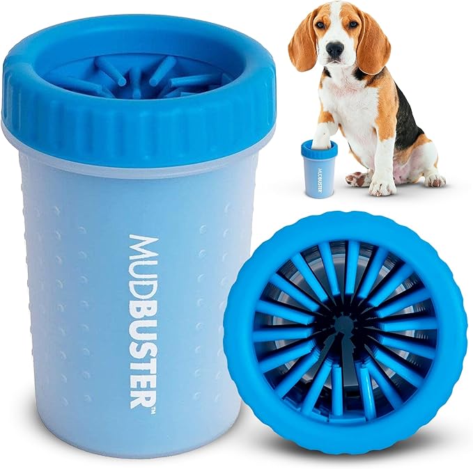 Dexas MudBuster Medium Dog Paw Cleaner in Pro Blue - Fits 1.5"-2.5" Wide Paws, Portable Paw Washer for Muddy Paws, Dog Paw Cleaning Cup with Gentle Silicone Bristles, Quick Clean Pet Paw Washer