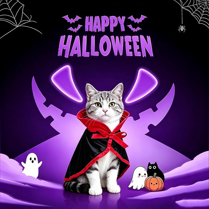 NAMSAN Cat Vampire Costume, Halloween Pet Dracula Cape for Cats Small Dogs Rabbits, Stand-Up Vampire Cloak Small Breed, Small Pets Halloween Cosplay Outfit Party Dress Up