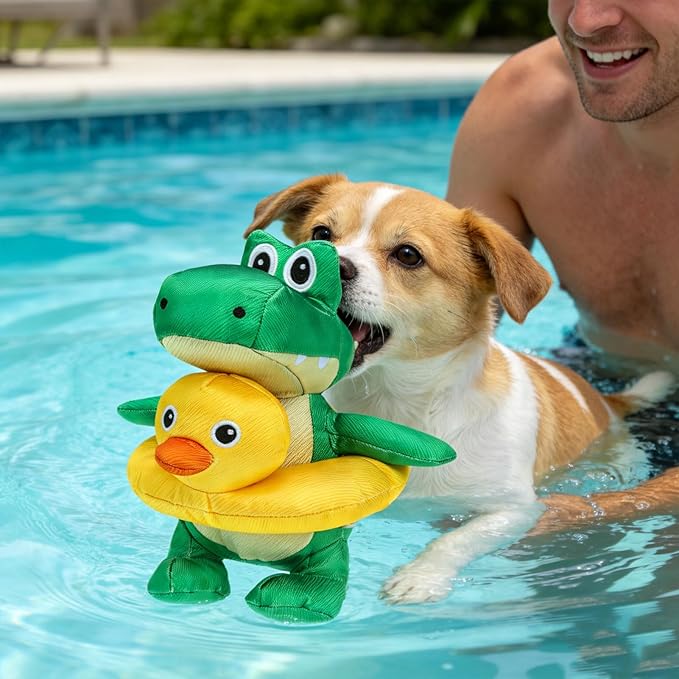 EXPAWLORER 2-in-1 Squeaky Floating Dog Toys for Small Medium Large Dogs, Crocodile & Duck Set Water Pool Toys with Squeakers, Interactive Outdoor Fetch Pet Toy for Beach Lake Summer Essentials