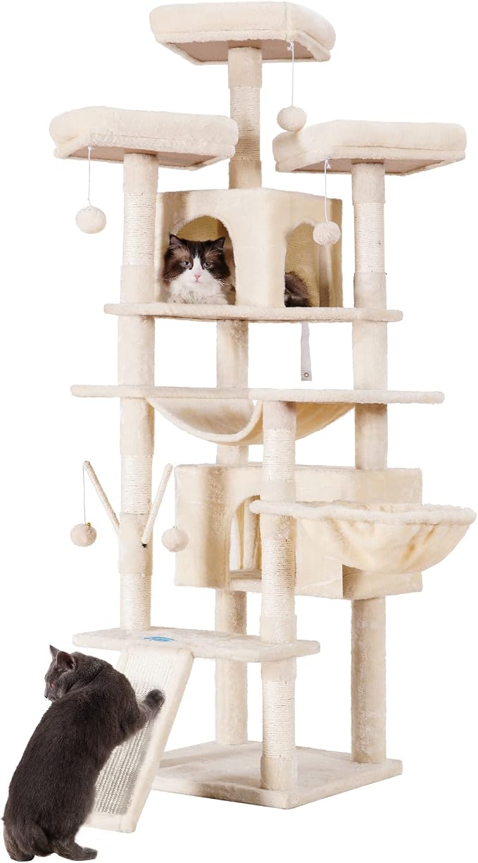 Hey-brother Cat Tree, 71 inches XL Large Cat Tower for Indoor Cats, Multi-Level Cat House with 3 Padded Perches, Big Scratcher, Cozy Basket, 2 Cat Condos and Scratching Posts, Beige MPJ034M