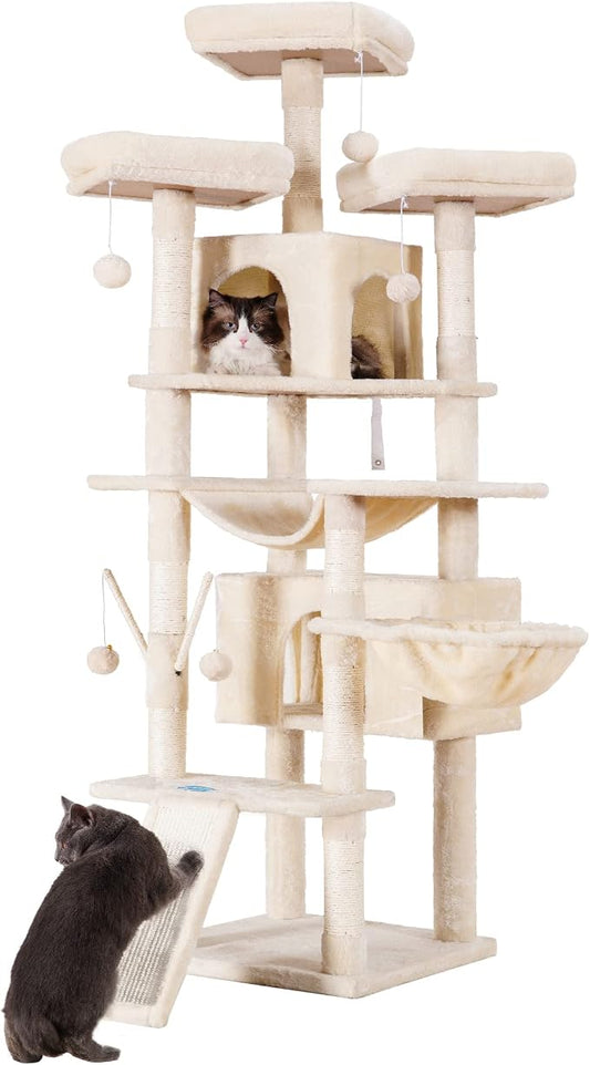 Hey-brother Cat Tree, 71 inches XL Large Cat Tower for Indoor Cats, Multi-Level Cat House with 3 Padded Perches, Big Scratcher, Cozy Basket, 2 Cat Condos and Scratching Posts, Beige MPJ034M