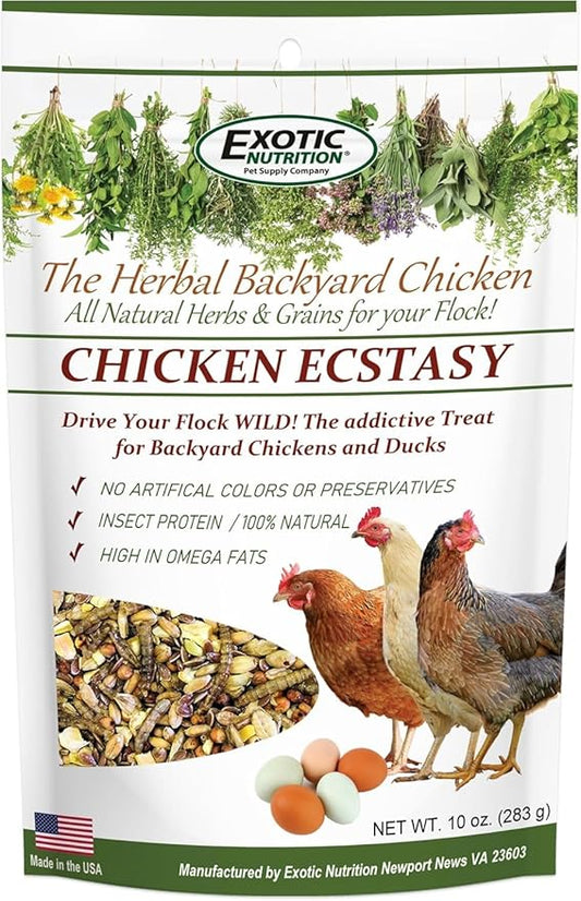 Exotic Nutrition Chicken Ecstasy (10 oz.) - Healthy All-Natural Backyard Chicken Feed - Grains, Dried Mealworms & Natural Extracts - Promotes Healthy Chickens & Eggs
