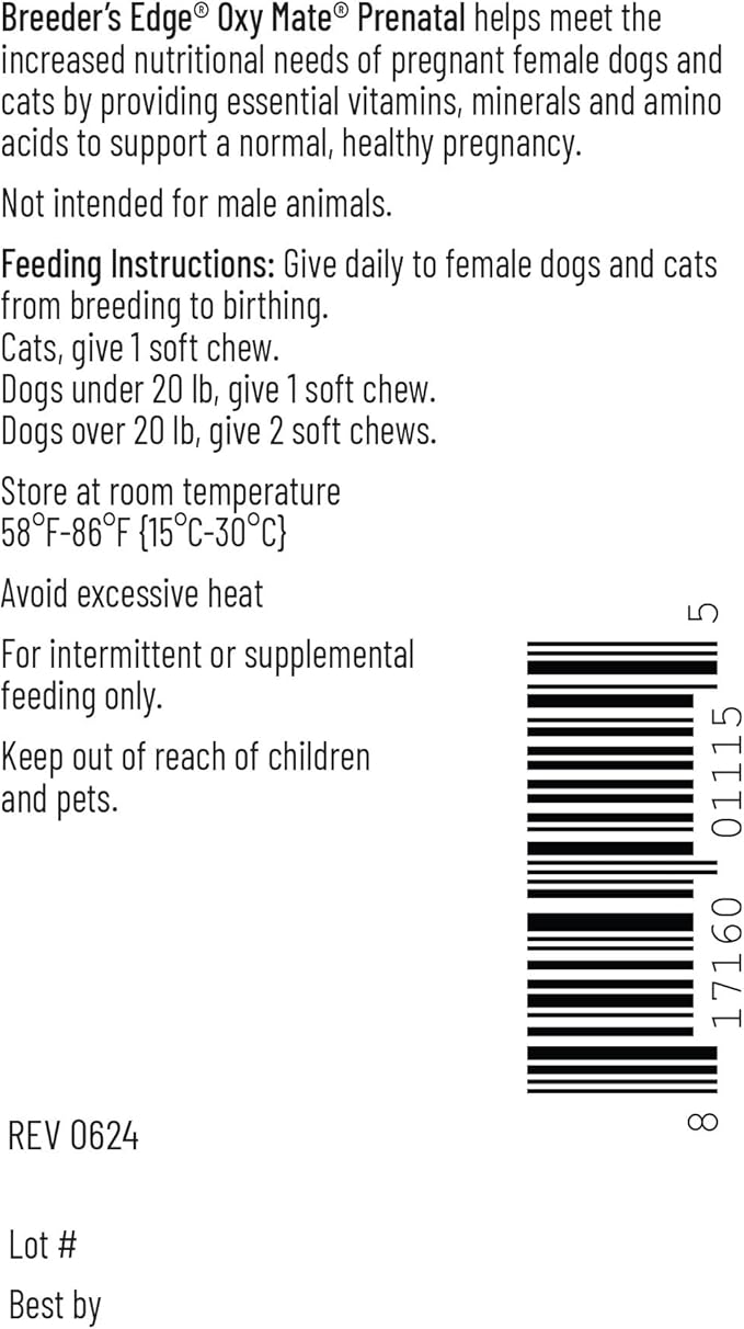 Breeder's Edge Oxy Mate Dog & Cat Prenatal Vitamins, Comprehensive Supplement for Pregnant Dogs and Cats Enriched with Essential Nutrients for Healthy Moms & Litters, Soft Chews - 60ct Small Dog & Cat