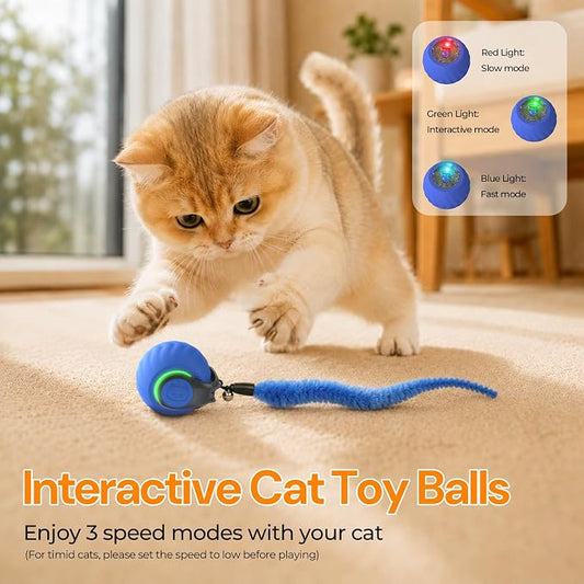 Geamen Interactive Cat Toys with Bird Sounds & 3 Speed Modes, Rechargeable Automatic Moving Cat Toy with 3 Tails, Fast Charging Smart Rolling Ball for Indoor Cats to Chase Play on Hard Floor Carpet