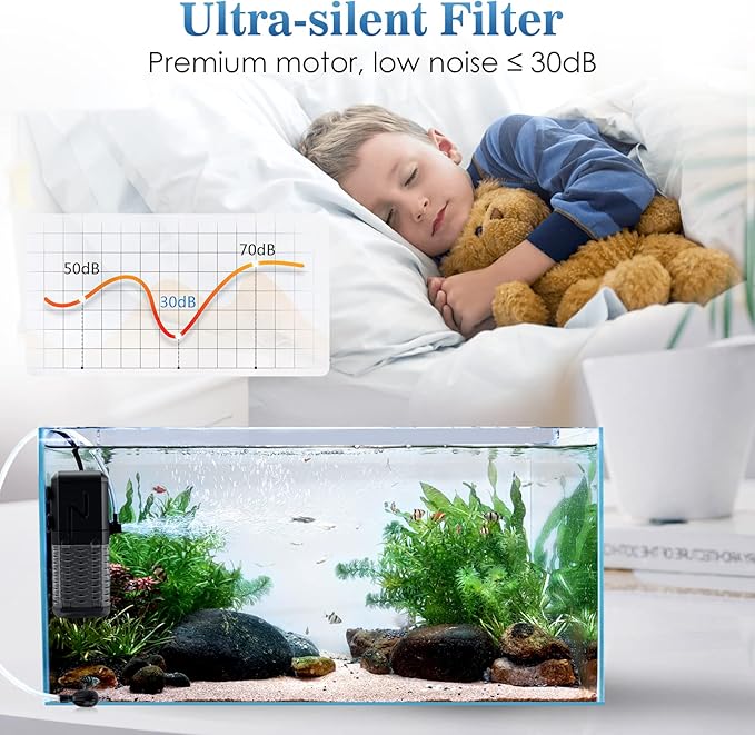 AQQA Aquarium Filter, Submersible Power Fish Tank Filter with Rainwater Aerator System Adjustable Water Flow Design, Ultra Silent Biochemical Sponge Filtration Up to Fish Tank 50 Gallon (6W-158GPH)
