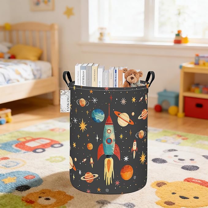 Storage Basket, Nursery Hamper Canvas Laundry Basket Foldable with Waterproof PE Coating Large Storage Baskets for Kids Boys and Girls, Office, Bedroom, Clothes,Toys(Space rocket)