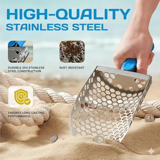 CKG Hand Sand Scoop for Metal Detecting with Ergonomic Blue Handle, Detecting Shovel for Beach Sand Sifter, Heavy Duty Stainless Steel, Perfect from Metal Detector Accessories