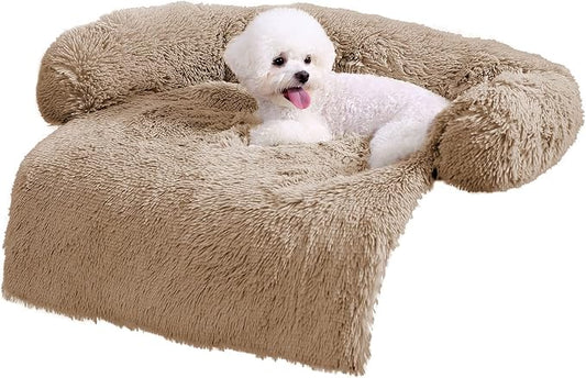 HACHIKITTY Calming Pet Sofa Bed Mat, Washable Fluffy Couch Cover for Dogs and Cats, Anti-Slip Bottom (30"x 27"x 6", Camel)