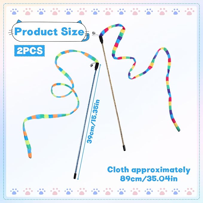 2 Pcs Interactive Cat Rainbow Wand Toys, Colorful Ribbon Teaser for Bored Indoor Cats and Kittens Cat Teaser Wand and String Toy Extended Colorful Cats String Toy with Bells