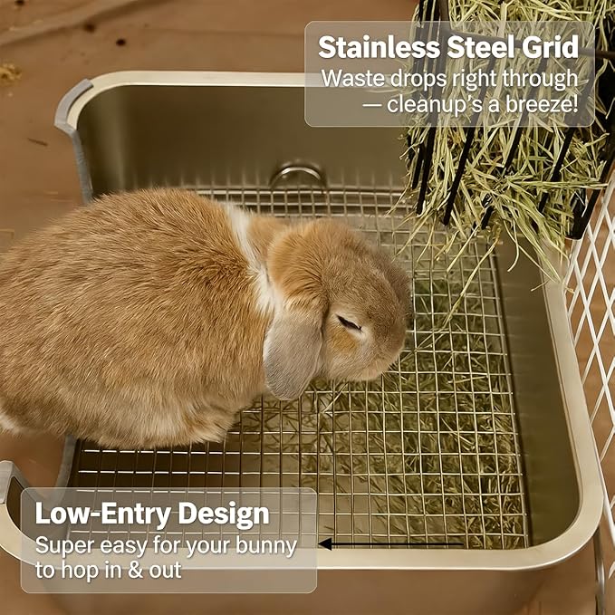 PODOO Bunny Litter Box, Stainless Steel Sifting Pan with Non-Slip Pads | Stainless steel sifting pan lets waste fall below; raised sides and non-slip pads help keep the litter area stable and tidy