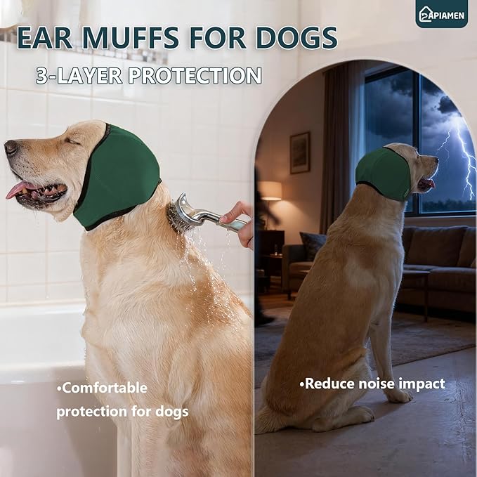 Dog Ear Cover for Hematoma,Bathing,Grooming,Drying,Fashion No Shake Ear Wraps for Dogs Ear Muffs Noise Protection Anxiety Relief,Waterproof Dog Calming Hoodie Shower Cap(Green,S)
