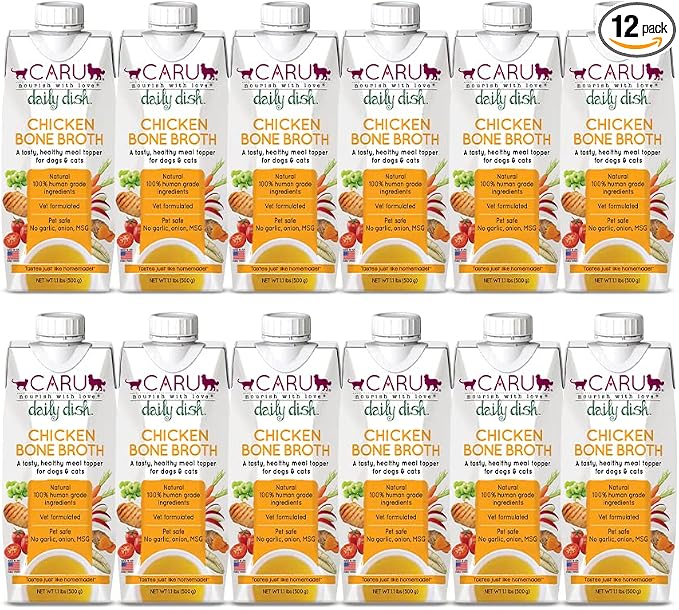 Caru - Daily Dish Chicken Bone Broth - Meal Topper for Dogs & Cats - Supports Overall Pet Health - Pour-Over Broth for Wet/Dry Food - Human Grade Ingredients - Non-GMO - Made in USA - 12 Pack
