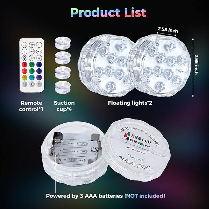 2026 Upgraded Submersible LED Lights, IP68 Waterproof Floating Pool Hot Tub Lights with Remote Control, 16 RGB Colors, Timer, Suction Cups, Battery Powered Underwater Lights for Spa, Pond, Vase Decor