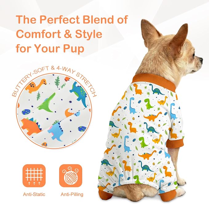 Dog Pajamas for Small Medium Dogs Recovery Suit Dog Pjs Dog Onesie Cute Soft Breathable Puppy Pajamas Pet Spring Summer Stretchy Pjs for Boy Girl - Orange Dinosaurs
