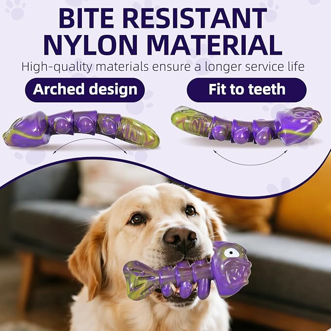 Dog Chew Toy Durable and Indestructible,Fishbone ShapeDog Chew Bones for MiddleLarge Dogs, Bacon Flavored, Keeps Dogs Busy Purple