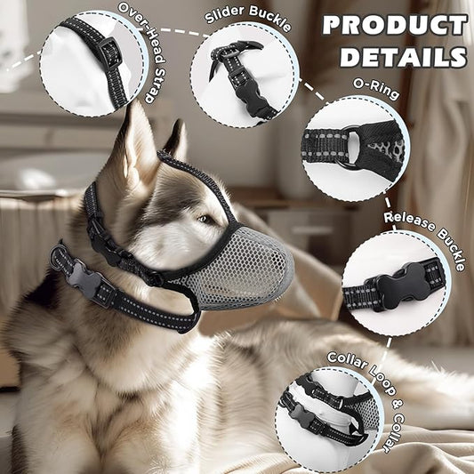 Dog Muzzle,Mesh Soft Muzzle for Small Medium Large Sized Dogs, Breathable Reflective Adjustable Puppy Muzzles with Collar for Scavenging Grooming Biting Chewing,Allows Panting and Drinking(Grey M)