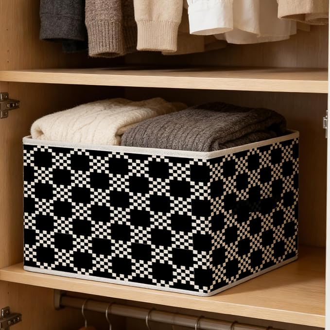 Black and White Plaid Storage Bins, Abstract Mosaic Checkered Foldable Closet Organizers Storage Basket Toybox for Clothes Bed Sheets Blankets Toys