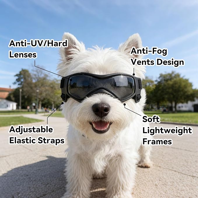 Dog Goggles Dog Sunglasses for Small Breed UV Protection Windproof with Adjustable Head Straps Chin Straps for Ride Car/Hiking Travel/On Beach-Black