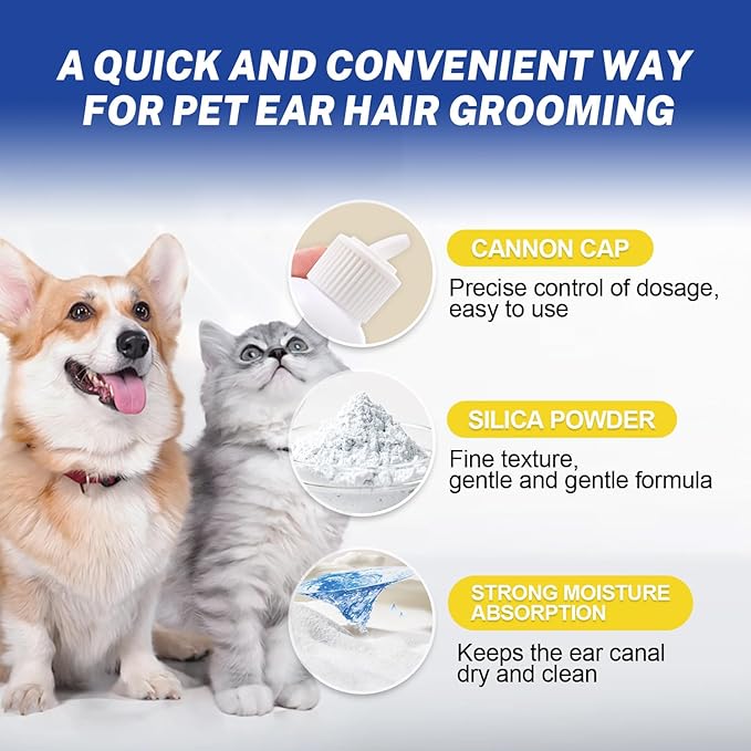 Dog Ear Powder for Hair Removal & Ear Care - Includes 5.5" Curved Locking Forceps - Absorbs Moisture, Removes Dirt - Soothes Itchy Ears for Dogs & Cats