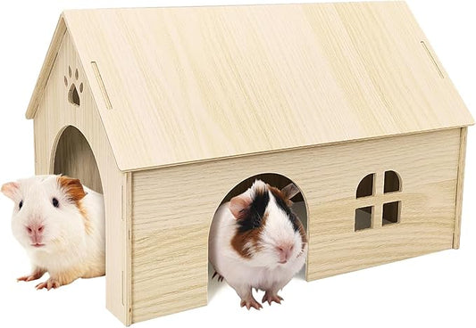 Fhiny Wooden Guinea Pig Hideout, 15.2 x 9.1 x 9.8 inch Large Guinea Pig House with Entrances and Windows Detachable Small Animal House for Bunnies Dwarf Rabbits Chinchillas Hedgehogs to Rest and Hide