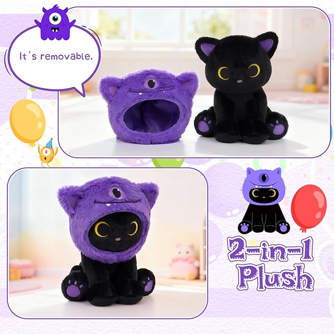 Black Cat Plush Toy, 8inch Cute Stuffed Cat with Purple One-Eyed Monster Removable Hood, Soft Toy Monster Kitten Plushie Kawaii Christmas Brithday Gifts for Girls Boys