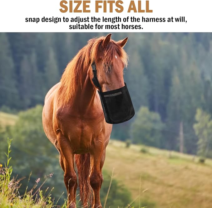 Lemecima 2 Pcs Horse Feed Bag Comfort Breathable Mesh Feed Bucket Heavy Duty Feed Bag with Adjustable Strap and Waterproof Bottom for Horse Feeding Supplies Muzzle Feed Bag, Medium (Black)