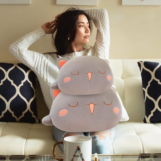 FUYU Cat Stuffed Animals, Soft Cat Plush Pillow Kawaii Kitten Stuffed Animal Toy Gifts for Kids Boys Girls Room Decor (Gray Squinted,19in/50cm)