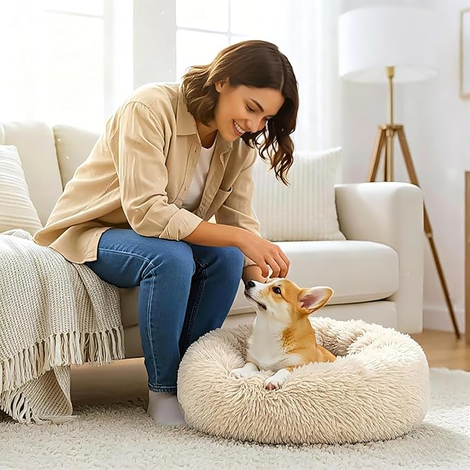 Calming Extra Large Donut Dog Bed, Anti-Anxiety Round Soft Fluffy Plush Faux Fur Washable Anti-Slip Pet Bed for Medium Dogs Up to 45 lbs 32in Light-Brown