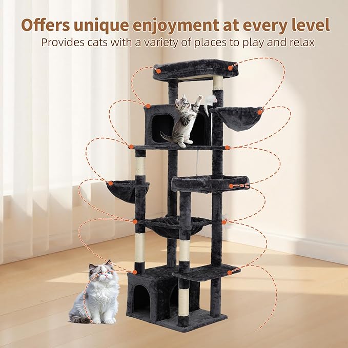 69.7-inch (177cm) Multi-Level Cat Tree with 2 Perches, 2 Condos, 2 Hammocks, Basket & Toy for Indoor Cat Activities (Grey)