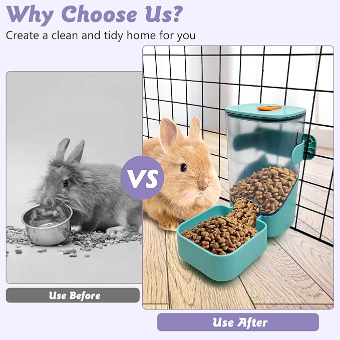 34oz Automatic Rabbit Food Dispenser for Cage Hanging Guinea Pig Feeder No Drip Bunny Food Bowl for Ferret Rat Hamster Chinchilla and Other Small Animals (Green)