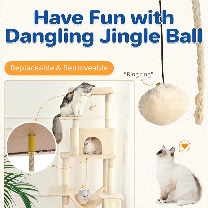 ABCPET Cat Tree Tower 63in Multi-Level Cat Tower for Indoor Cats with Sisal Scratching Posts, Condo, Hammock, Dangling Ball and Extended Platform for Cats to Play, Beige