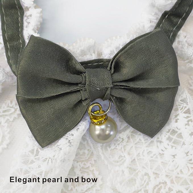 Elegant Lace Cat Collar with Cute Bow,Kitty Necklace with Bow Tie and Pearl,Pet Lace Bib Collar with Cute Bow,Cat Princess Costumes,Green,1 Piece