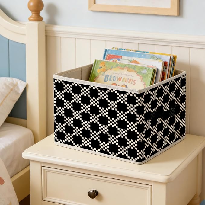 Black and White Plaid Storage Bins, Abstract Mosaic Checkered Foldable Closet Organizers Storage Basket Toybox for Clothes Bed Sheets Blankets Toys