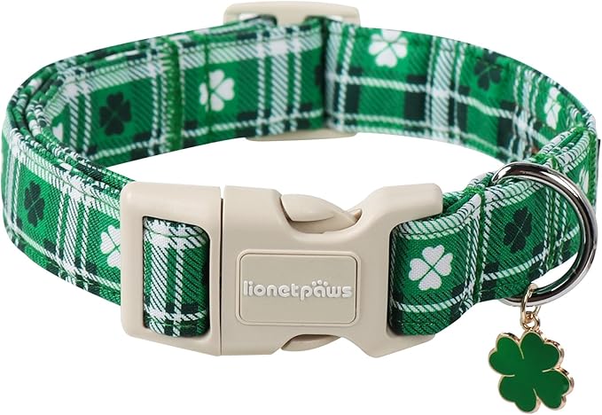 Lionet Paws St. Patrick Dog Collar, Comfortable Adjustable Green Collar with Green Clover Pattern for Medium Male Female Dogs Collars, Neck 13.5-22 inches