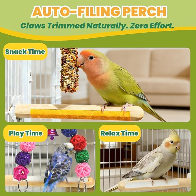Dual Texture Bird Perch Wood & Sand Grinding Stone Sticks 2-Pack Cage Accessories for Cockatiels Parakeets Lovebirds Conures
