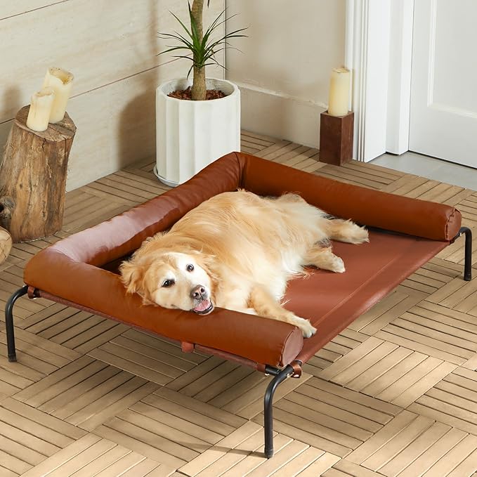Cooling Elevated Dog Bed for Large Dogs – Waterproof Raised Dog Cot with Slope Headrest, Breathable Teslin Mesh, Durable & Portable Pet Bed for Indoor and Outdoor Use, Grey