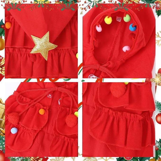 Vellibring Cat Christmas Outfit Red Pet Cloak with Hat with Star and Pompoms Puppy Cape Clothes Xmas Tree Elf Costumes Party Pet Supplies Accessories for Small Dogs Cats Pet Santa Presents