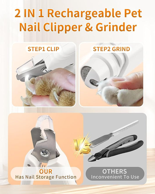 2-in-1 Dog & Cat Nail Clippers Grinder with Light – Quiet Electric Pet Nail Trimmer, USB Rechargeable, Safety Guard & Quick Sensor Prevent Overcutting, Grooming Tool for Small Medium Large Pets