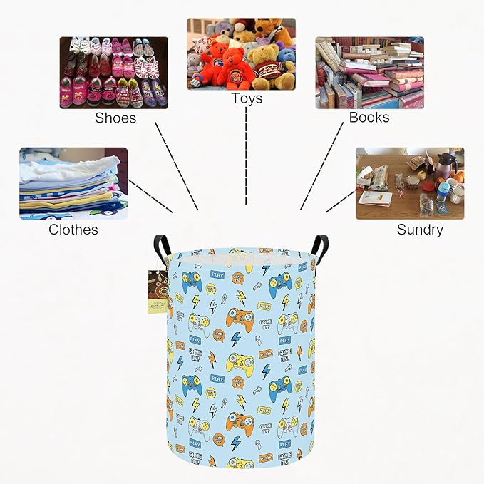 Collapsible Fabric Storage Basket, Waterproof Laundry Hamper with Handles, Round Storage Bin for Clothes Toys, Foldable Organizer for Bedroom Nursery Bathroom(Round-Color Game)