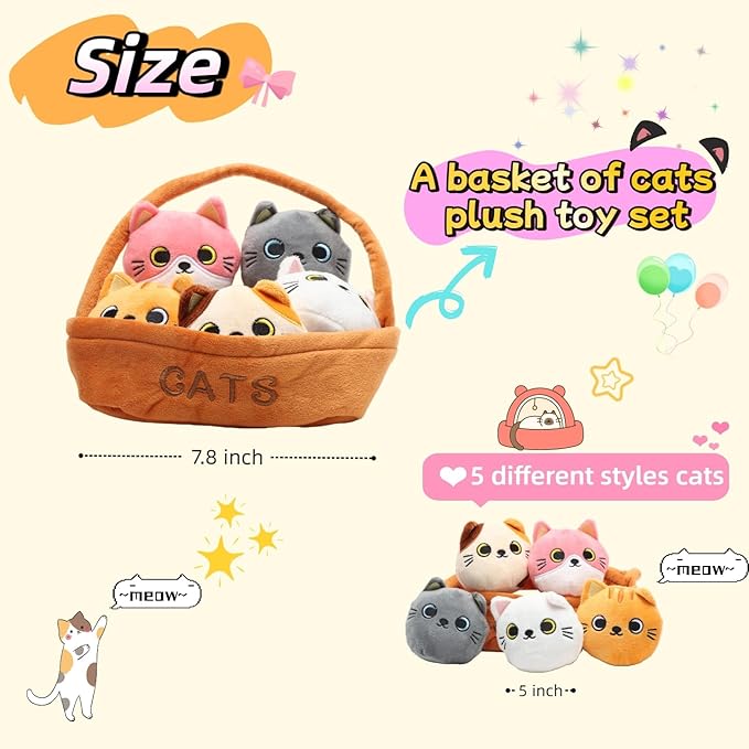 Plush Cat Toy Set, 5PCS Interactive Stuffed Cats with Basket, Cute Kawaii Kitten Plushies, Soft Animal Toys for Kids & Cat Lovers Gifts for Birthday, Home Decor, 7.87” Basket 4.3” Cat