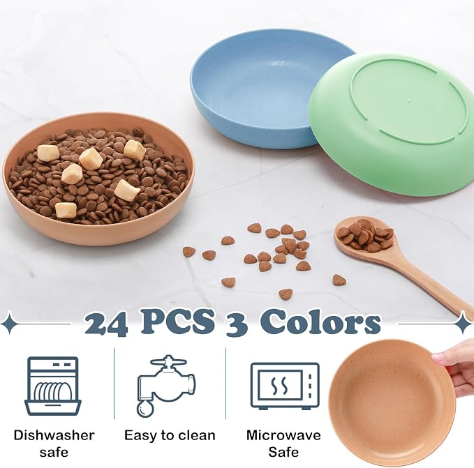 Tioncy 24 Pcs Cat Food Bowl 5.5'' Fatigue Relief Shallow Cat Food Dish Wide and Small Pet Wet Plate Wide Stray Wet Feeding Bowl for Ferrets Feral Short Legged Kitten, Wheat Straw(Three Color,Classic)